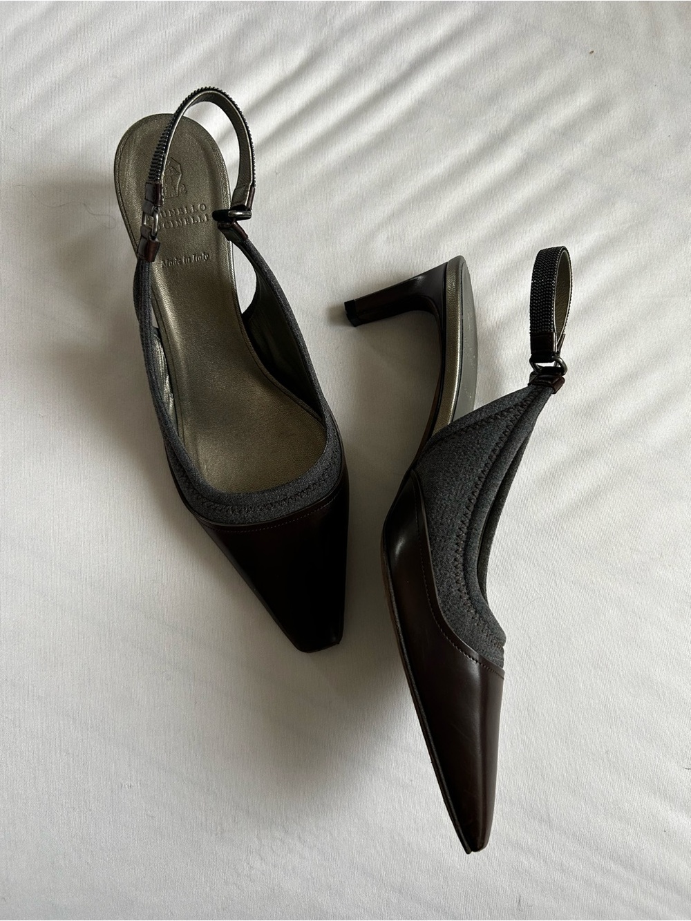 Brunello Cucinelli Slingback Pointed-Toe Pumps with monili trim